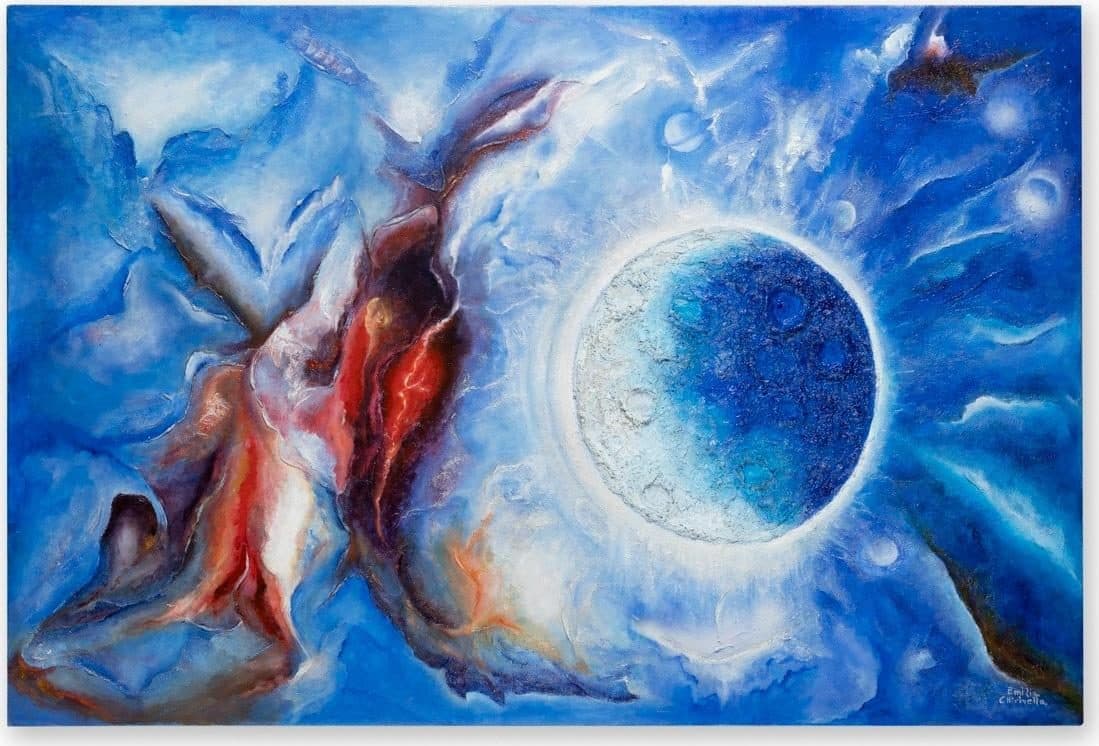 "Entre dos mundos", técnica mixta sobre lienzo, 120 × 80 cm, 2025, de Emilia Chirivella